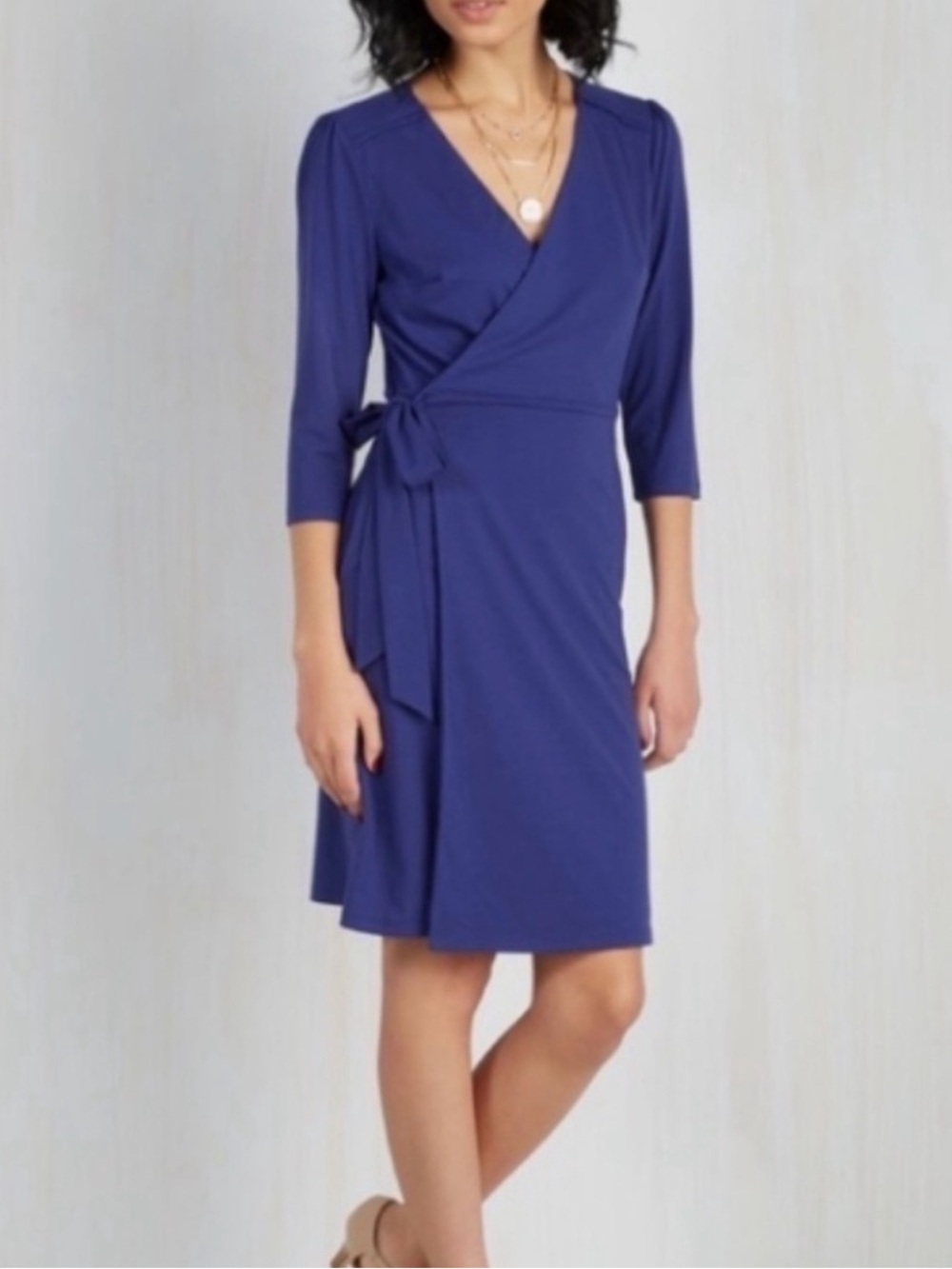 Modcloth Lighthearted Lecture 3/4 Sleeve V-Neckline Cobalt Blue Wrap Dress Sz M